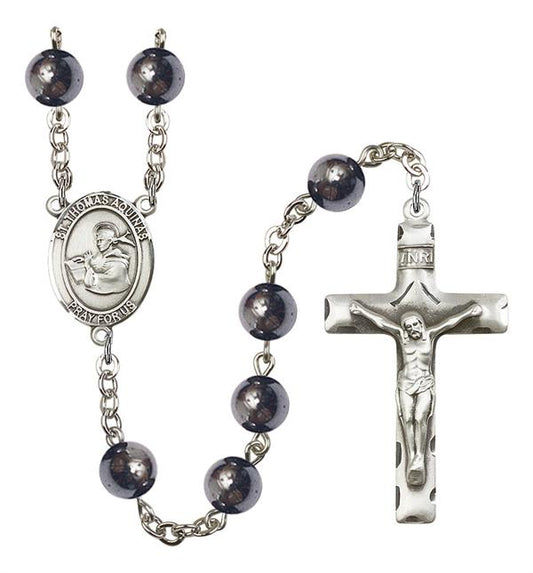 St. Thomas Aquinas Rosary, 8mm Hematite Beads, Silver Plate, # 11143