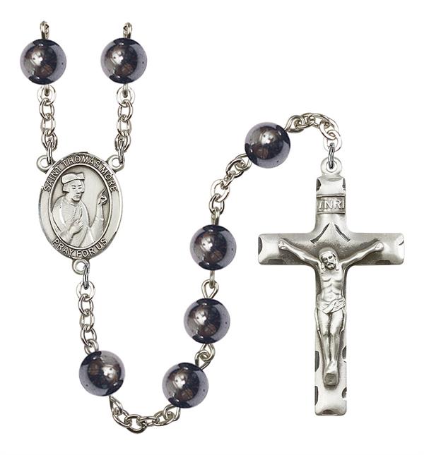 St. Thomas More Rosary, 8mm Hematite Beads, Silver Plate, # 11144