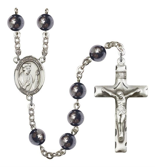 St. Thomas More Rosary, 8mm Hematite Beads, Silver Plate, # 11144