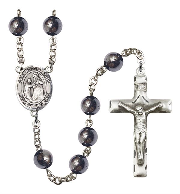 San Juan de Dios Spanish Rosary, 8mm Hematite Beads, Silver Plate, # 11148