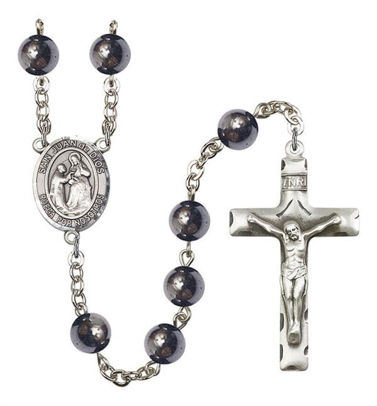 San Juan de Dios Spanish Rosary, 8mm Hematite Beads, Silver Plate, # 11148