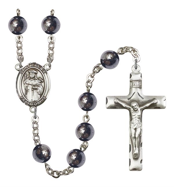 St. Casimir Rosary, 8mm Hematite Beads, Silver Plate, # 11149