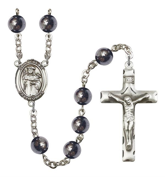 St. Casimir Rosary, 8mm Hematite Beads, Silver Plate, # 11149