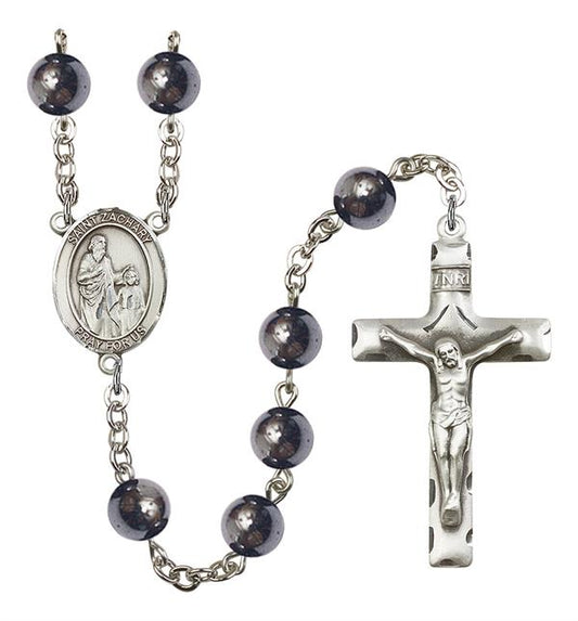 St. Zachary Rosary, 8mm Hematite Beads, Silver Plate, # 11152