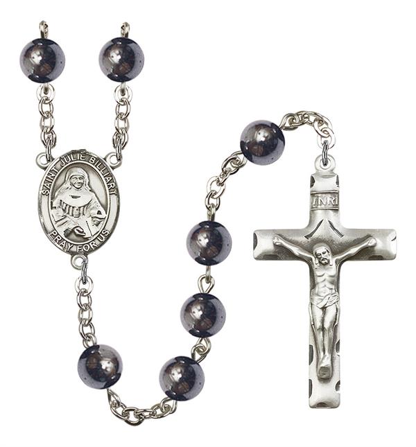 St. Julie Billiart Rosary, 8mm Hematite Beads, Silver Plate, # 11153