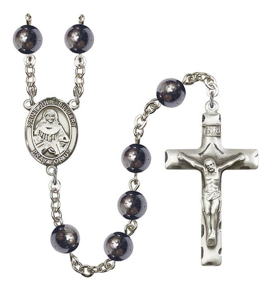 St. Julie Billiart Rosary, 8mm Hematite Beads, Silver Plate, # 11153