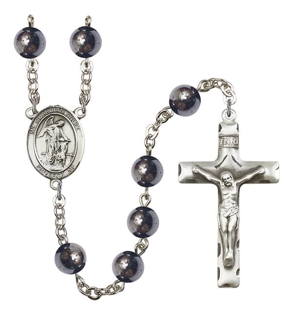 Guardian Angel Rosary, 8mm Hematite Beads, Silver Plate, # 11154
