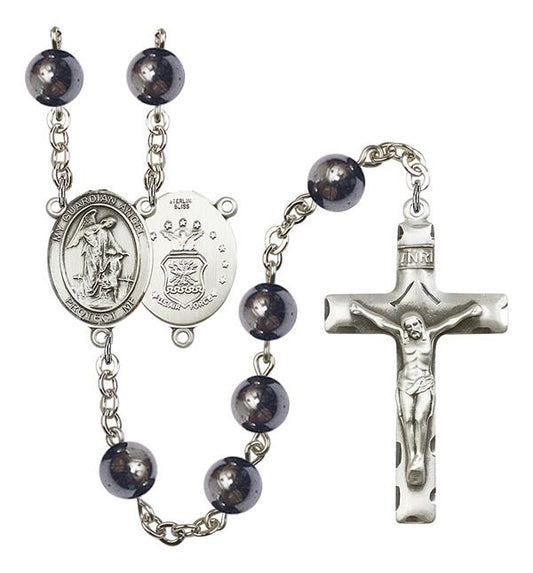 Guardian Angel U.S. Air Force Rosary, 8mm Hematite Beads, Silver Plate, # 11155
