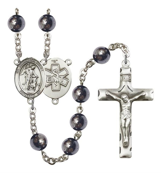 Guardian Angel EMT Rosary, 8mm Hematite Beads, Silver Plate, # 11162