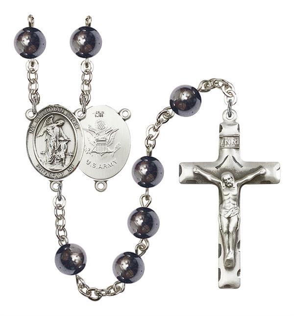 Guardian Angel U.S. Army Rosary, 8mm Hematite Beads, Silver Plate, # 11156