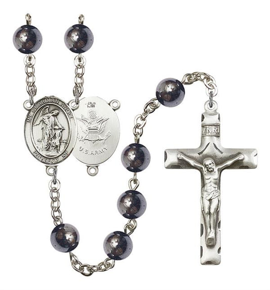 Guardian Angel U.S. Army Rosary, 8mm Hematite Beads, Silver Plate, # 11156