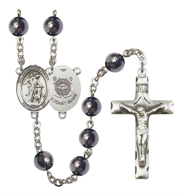 Guardian Angel U.S. Coast Guard Rosary, 8mm Hematite Beads, Silver Plate, # 11157