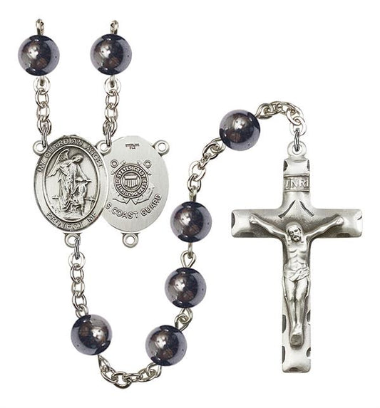 Guardian Angel U.S. Coast Guard Rosary, 8mm Hematite Beads, Silver Plate, # 11157