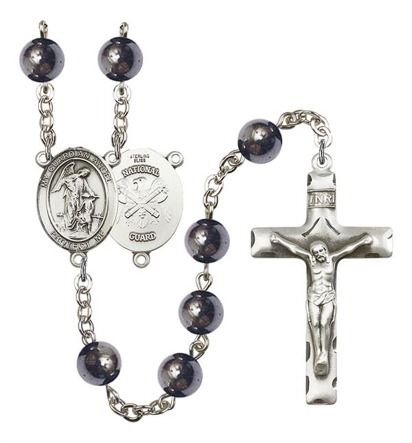 Guardian Angel National Guard Rosary, 8mm Hematite Beads, Silver Plate, # 11159