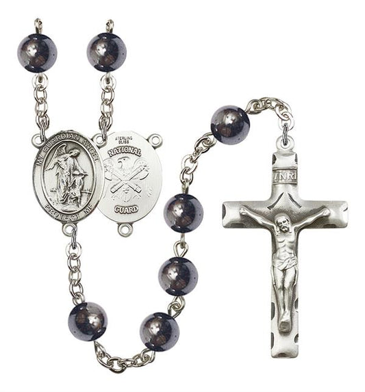 Guardian Angel National Guard Rosary, 8mm Hematite Beads, Silver Plate, # 11159