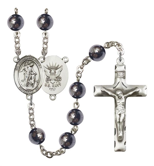 Guardian Angel U.S. Navy Rosary, 8mm Hematite Beads, Silver Plate, # 11160