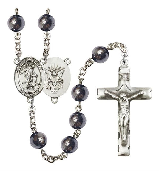 Guardian Angel U.S. Navy Rosary, 8mm Hematite Beads, Silver Plate, # 11160