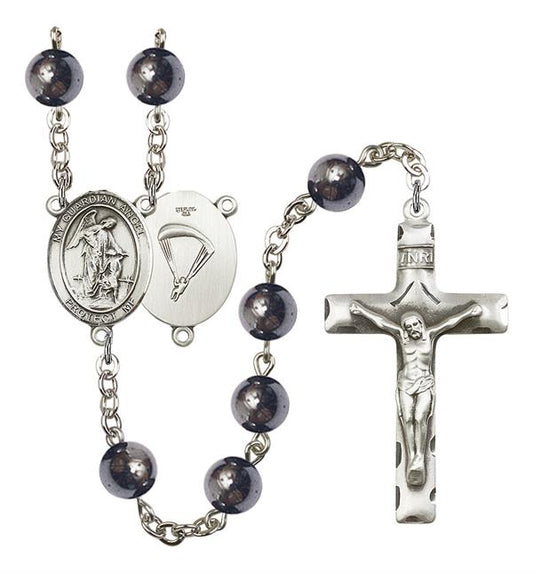 Guardian Angel Paratrooper Skydiver Rosary, 8mm Hematite Beads, Silver Plate, # 11161