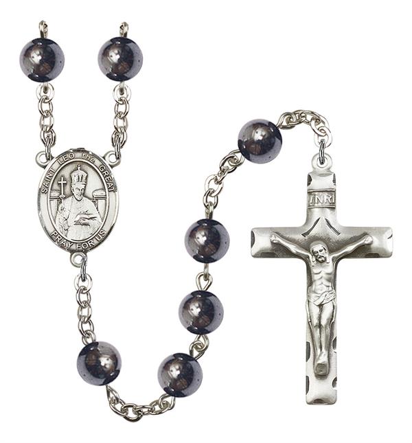 St. Leo the Great Rosary, 8mm Hematite Beads, Silver Plate, # 11165
