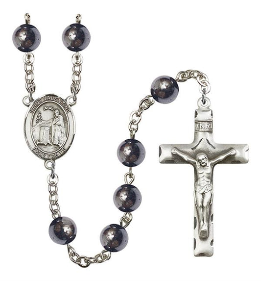 St. Valentine Rosary, 8mm Hematite Beads, Silver Plate, # 11166