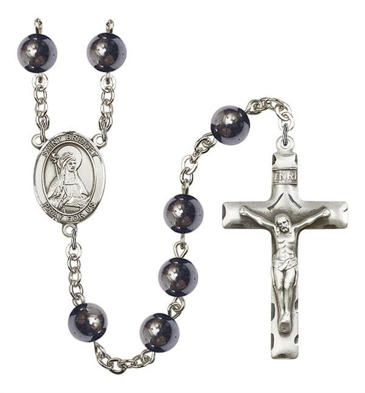 St. Bridget Rosary, 8mm Hematite Beads, Silver Plate, # 11167