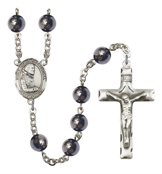 St. Pio of Pietrelcina Rosary, 8mm Hematite Beads, Silver Plate, # 11170