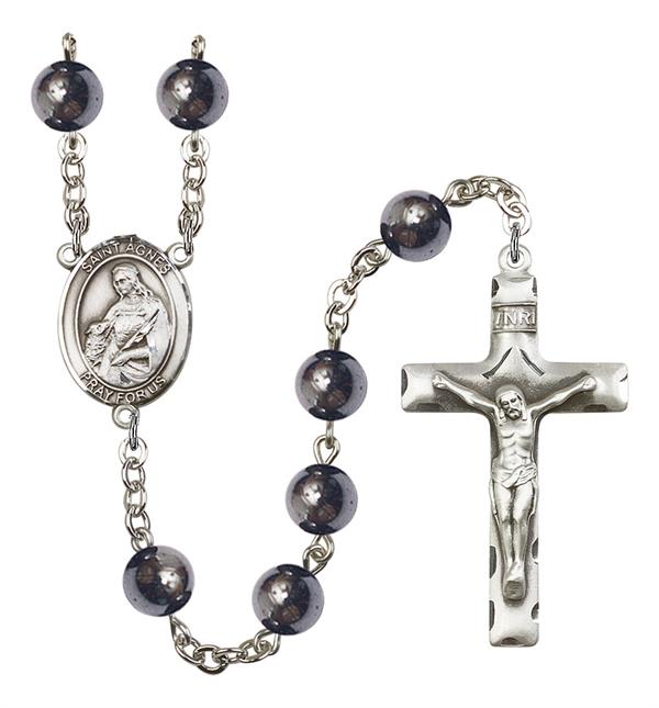 St. Agnes Rosary, 8mm Hematite Beads, Silver Plate, # 11176