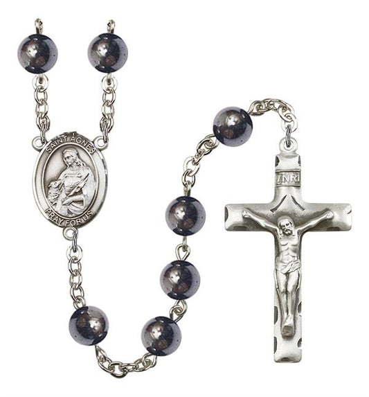 St. Agnes Rosary, 8mm Hematite Beads, Silver Plate, # 11176