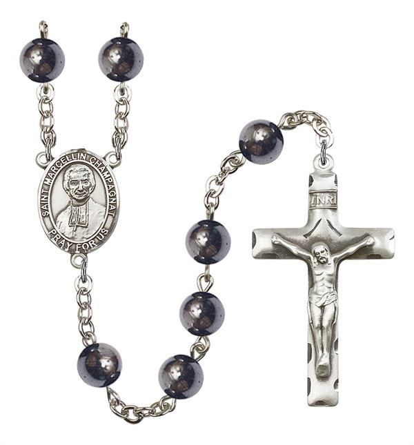 St. Marcellin Champagnat Rosary, 8mm Hematite Beads, Silver Plate, # 11178