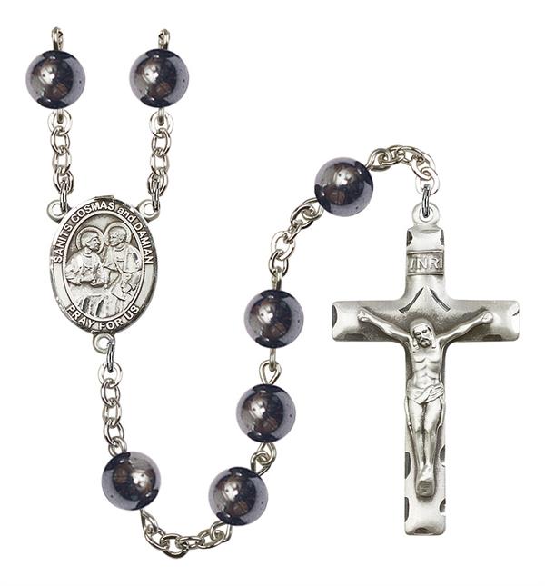 Sts. Cosmas and Damian Rosary, 8mm Hematite Beads, Silver Plate, # 11179