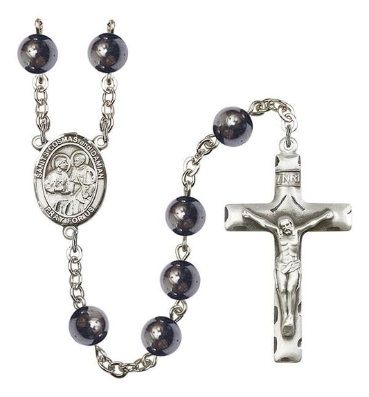Sts. Cosmas and Damian Rosary, 8mm Hematite Beads, Silver Plate, # 11179