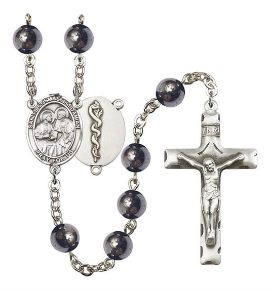 Sts. Cosmas and Damian Doctor's Rosary, 8mm Hematite Beads, Silver Plate, # 11180