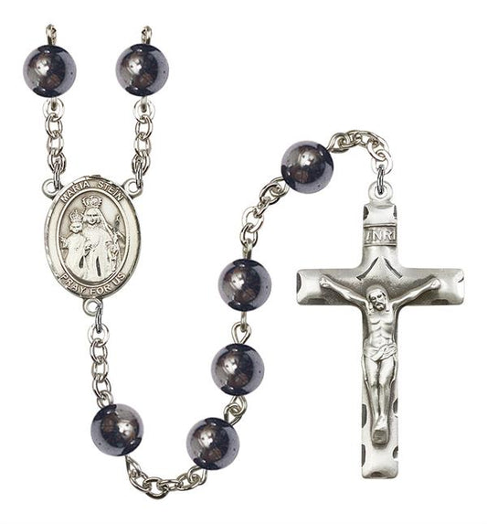 St. Maria Stein Rosary, 8mm Hematite Beads, Silver Plate, # 11181