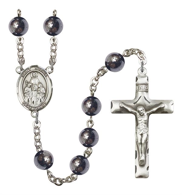 St. Sophia Rosary, 8mm Hematite Beads, Silver Plate, # 11184