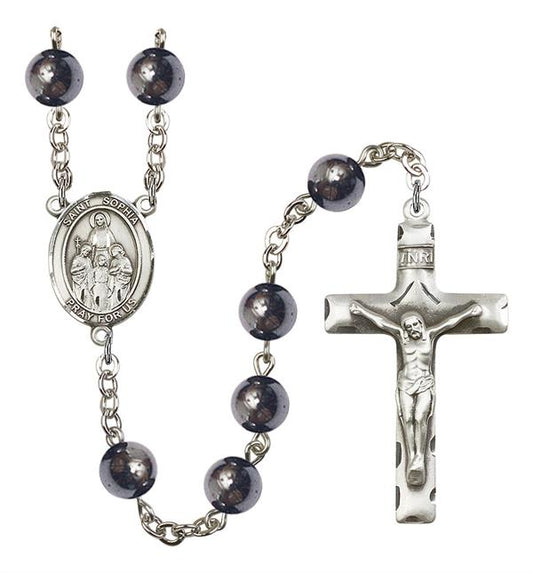 St. Sophia Rosary, 8mm Hematite Beads, Silver Plate, # 11184