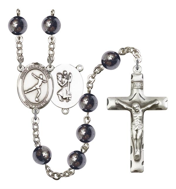 St. Christopher / Figure Skating Rosary, 8mm Hematite Beads, Silver Plate, # 11187