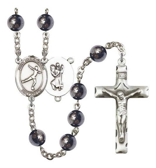 St. Christopher / Figure Skating Rosary, 8mm Hematite Beads, Silver Plate, # 11187