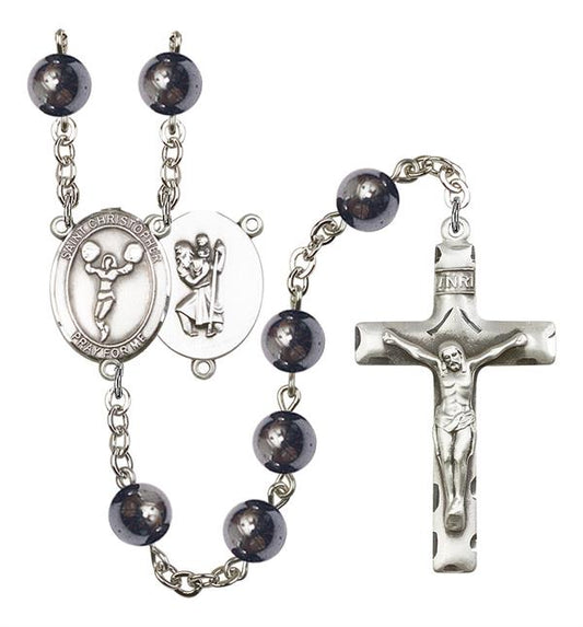 St. Christopher / Cheerleading Rosary, 8mm Hematite Beads, Silver Plate, # 11188