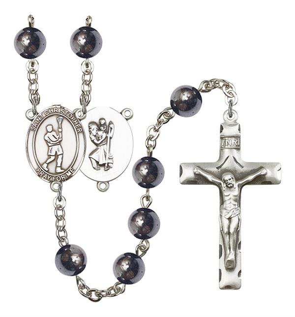St. Christopher / Lacrosse Rosary, 8mm Hematite Beads, Silver Plate, # 11191