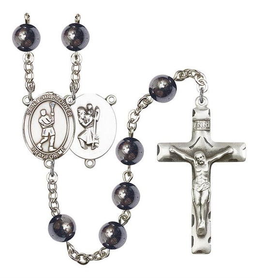 St. Christopher / Lacrosse Rosary, 8mm Hematite Beads, Silver Plate, # 11191