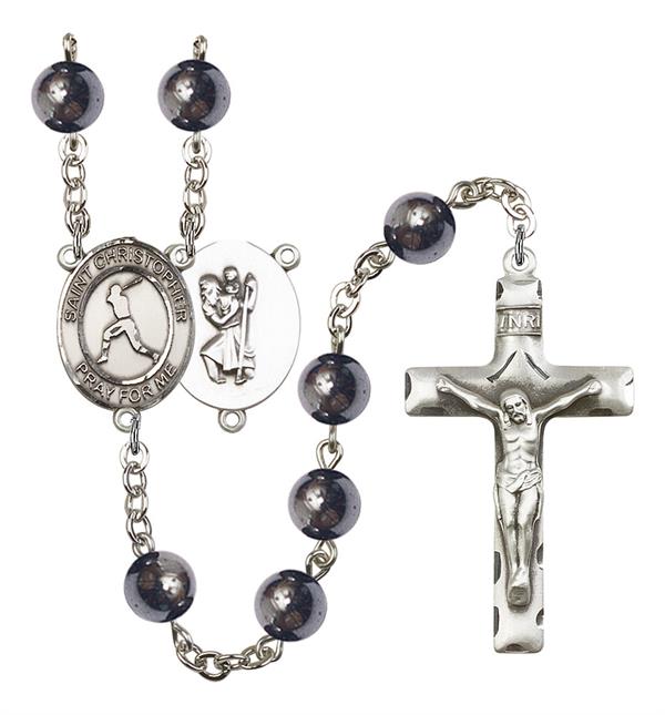 St. Christopher / Baseball Rosary, 8mm Hematite Beads, Silver Plate, # 11194