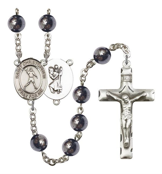 St. Christopher / Football Rosary, 8mm Hematite Beads, Silver Plate, # 11195