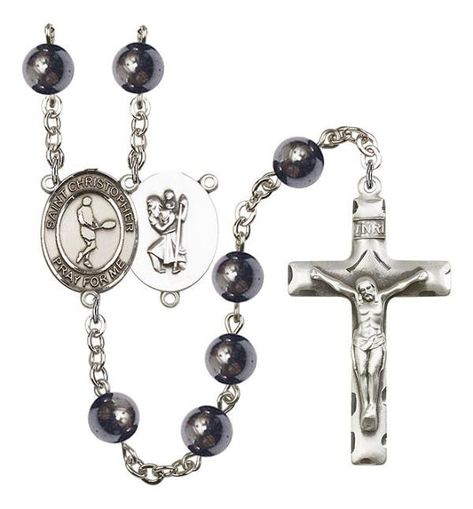 St. Christopher / Tennis Rosary, 8mm Hematite Beads, Silver Plate, # 11200
