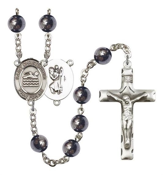 St. Christopher / Swimming Rosary, 8mm Hematite Beads, Silver Plate, # 11201