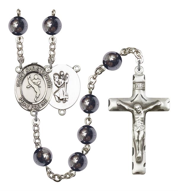 St. Christopher / Martial Arts Rosary, 8mm Hematite Beads, Silver Plate, # 11202