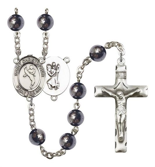 St. Christopher / Martial Arts Rosary, 8mm Hematite Beads, Silver Plate, # 11202