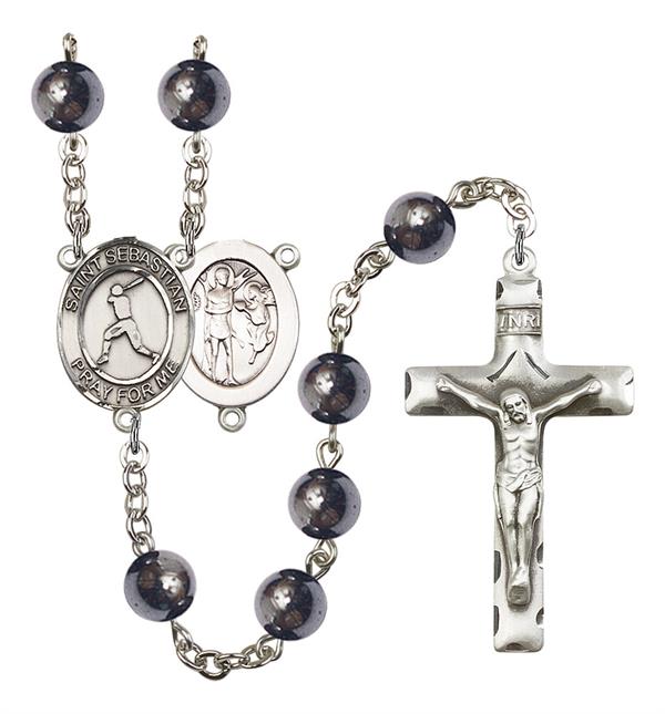 St. Sebastian / Baseball Rosary, 8mm Hematite Beads, Silver Plate, # 11204