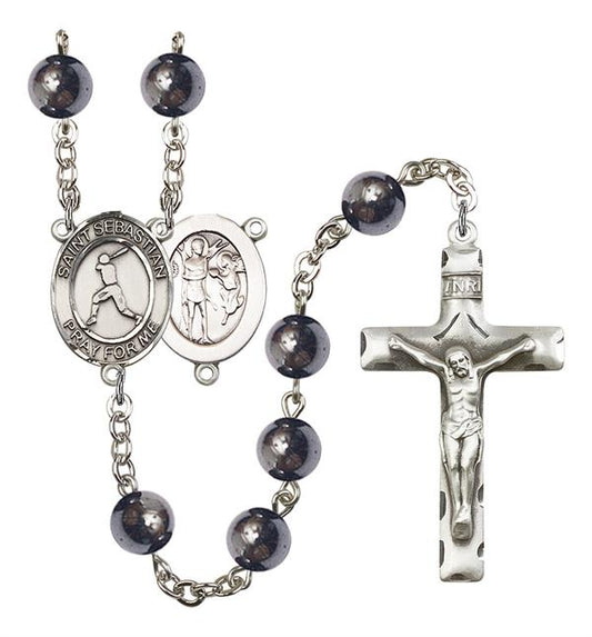 St. Sebastian / Baseball Rosary, 8mm Hematite Beads, Silver Plate, # 11204