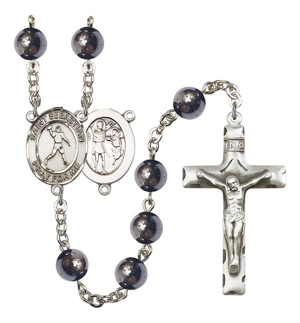 St. Sebastian / Football Rosary, 8mm Hematite Beads, Silver Plate, # 11205