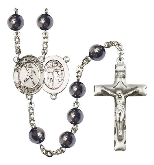 St. Sebastian / Football Rosary, 8mm Hematite Beads, Silver Plate, # 11205